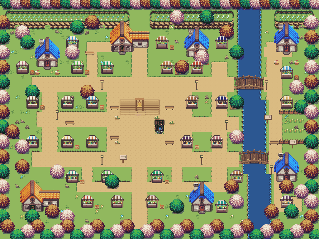 The complete Portland Air Mercado village, with stalls around a bell square, winding paths, cottages, a wooded edge and two bridges over the river.